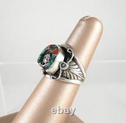 Vintage Navajo 925 Sterling Silver Horseshoe Ring Turquoise & Red Coral with CZ s5