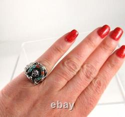Vintage Navajo 925 Sterling Silver Horseshoe Ring Turquoise & Red Coral with CZ s5