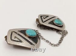 Vintage Navajo 925 Sterling Silver &Turquoise Stamped Sweater Clips/Collar Clips