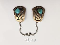 Vintage Navajo 925 Sterling Silver &Turquoise Stamped Sweater Clips/Collar Clips