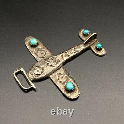 Vintage Navajo Airplane Turquoise Hand Stamped Silver Dimensional Pendant Fob