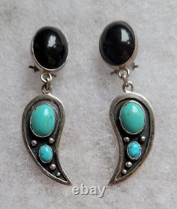 Vintage Navajo Angel Wings Turquoise Onyx Sterling Silver Post Pierced Earrings