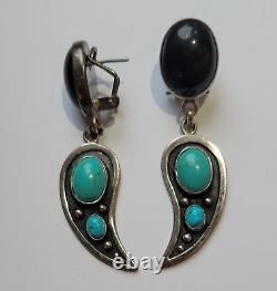 Vintage Navajo Angel Wings Turquoise Onyx Sterling Silver Post Pierced Earrings