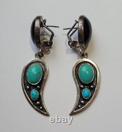 Vintage Navajo Angel Wings Turquoise Onyx Sterling Silver Post Pierced Earrings