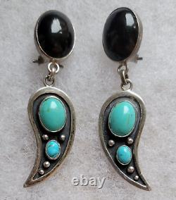 Vintage Navajo Angel Wings Turquoise Onyx Sterling Silver Post Pierced Earrings