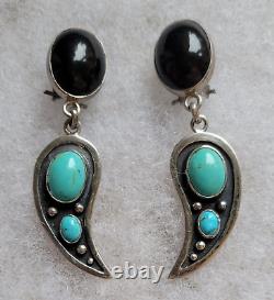 Vintage Navajo Angel Wings Turquoise Onyx Sterling Silver Post Pierced Earrings