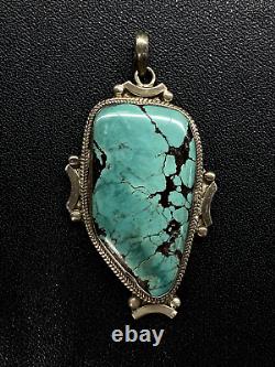 Vintage Navajo Begay turquoise Leaf Sterling Silver large Pendan