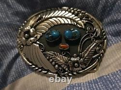 Vintage Navajo Belt Buckle Turquoise and Coral