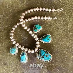 Vintage Navajo Bench Bead Sterling Silver Turquoise Necklace 16.5, circa 1973