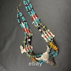 Vintage Navajo Bernice Chavez Buffalo Turquoise Sterling Silver Bib Necklace