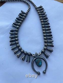 Vintage Navajo Bisbee Turquoise & Sterling Squash Blossom Necklace