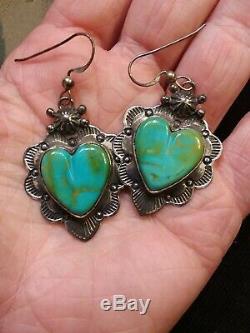 Vintage Navajo Blue Gem Turquoise Heart Sterling Silver Earrings