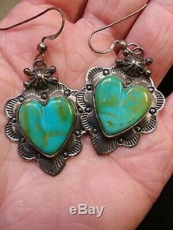 Vintage Navajo Blue Gem Turquoise Heart Sterling Silver Earrings