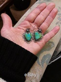 Vintage Navajo Blue Gem Turquoise Heart Sterling Silver Earrings