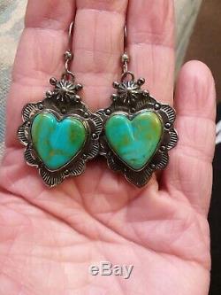 Vintage Navajo Blue Gem Turquoise Heart Sterling Silver Earrings