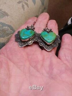 Vintage Navajo Blue Gem Turquoise Heart Sterling Silver Earrings