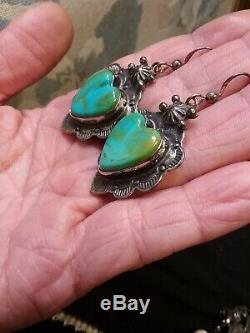 Vintage Navajo Blue Gem Turquoise Heart Sterling Silver Earrings