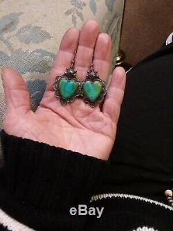 Vintage Navajo Blue Gem Turquoise Heart Sterling Silver Earrings