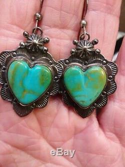 Vintage Navajo Blue Gem Turquoise Heart Sterling Silver Earrings