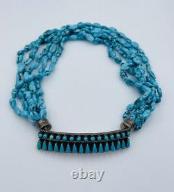 Vintage Navajo Blue Turquoise Beaded Sterling Silver Choker Necklace