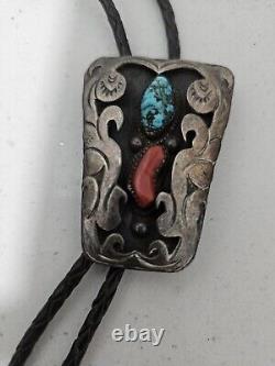 Vintage Navajo Bolo Tie Turquoise Coral Bennett Pat. Pend. Sterling