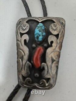 Vintage Navajo Bolo Tie Turquoise Coral Bennett Pat. Pend. Sterling