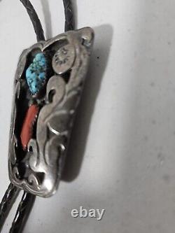 Vintage Navajo Bolo Tie Turquoise Coral Bennett Pat. Pend. Sterling