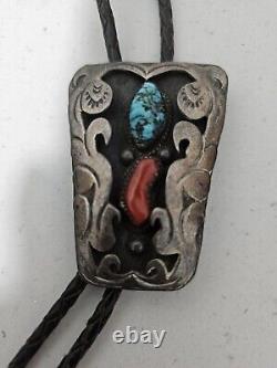 Vintage Navajo Bolo Tie Turquoise Coral Bennett Pat. Pend. Sterling