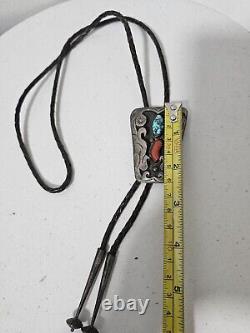 Vintage Navajo Bolo Tie Turquoise Coral Bennett Pat. Pend. Sterling