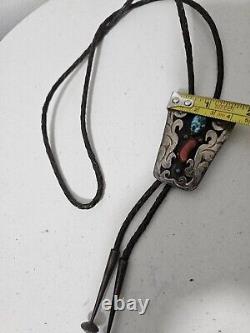 Vintage Navajo Bolo Tie Turquoise Coral Bennett Pat. Pend. Sterling