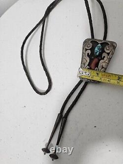 Vintage Navajo Bolo Tie Turquoise Coral Bennett Pat. Pend. Sterling