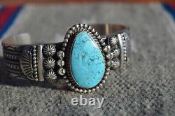Vintage Navajo Bracelet Sterling Silver Teardrop Turquoise M. C. OOAK Cuff