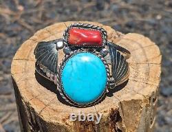 Vintage Navajo Bracelet Turquoise Coral Silver Native NA Jewelry sz 6.75 Signed
