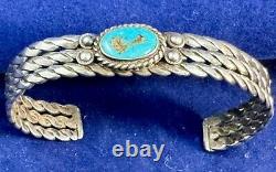 Vintage Navajo Braided Silver and Turquoise Cuff Bracelet from mid-Century