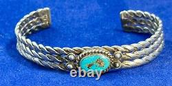 Vintage Navajo Braided Silver and Turquoise Cuff Bracelet from mid-Century