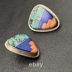 Vintage Navajo Cecil Ashley Turquoise Coral Lapis Sterling Silver Earrings