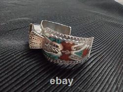 Vintage Navajo Charlie Singer Sterling Peyote Bird Turquoise Inlay Cuff Bracelet