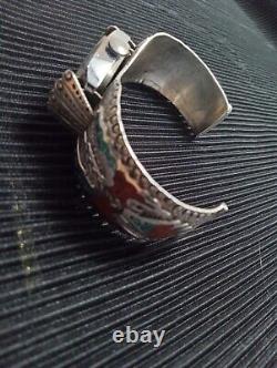 Vintage Navajo Charlie Singer Sterling Peyote Bird Turquoise Inlay Cuff Bracelet