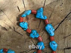 Vintage Navajo Chunky Turquoise Coral Necklace Genuine Native American Jewelry