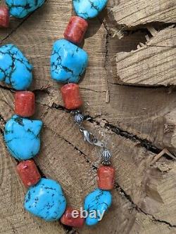 Vintage Navajo Chunky Turquoise Coral Necklace Genuine Native American Jewelry