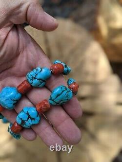 Vintage Navajo Chunky Turquoise Coral Necklace Genuine Native American Jewelry