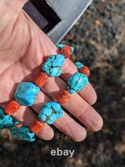 Vintage Navajo Chunky Turquoise Coral Necklace Genuine Native American Jewelry