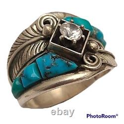 Vintage Navajo Clem Nalwood Sterling Silver CZ morenci Turquoise & Leaves size12