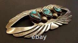 Vintage Navajo Coin Silver Turquoise Brooch Signed