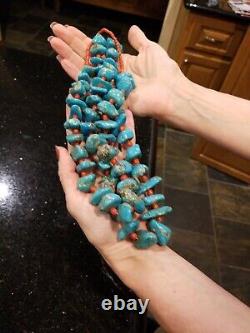 Vintage Navajo Coral And Turquoise Necklace 33 inches long