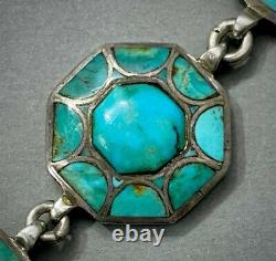 Vintage Navajo Danny J. Stewart RARE Kingman Turquoise Inlay Silver Bracelet