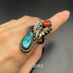 Vintage Navajo David K Lister Silver Turquoise Coral Ring Size 6.5