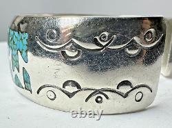 Vintage Navajo Delvin Nelson Sterling Silver Turquoise Inlay Cuff Bracelet 40g