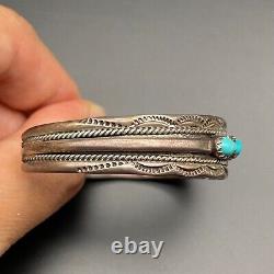 Vintage Navajo Doris Smallcanyon Turquoise Stamped Silver Bracelet Cuff