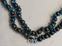 Vintage Navajo Double Strand Silver Bead & Turquoise Stone 19 Necklace